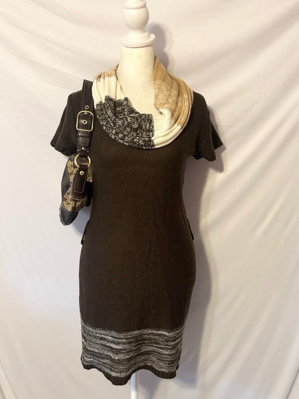 Vintage Y2K brown and beige knitted turtleneck dress
